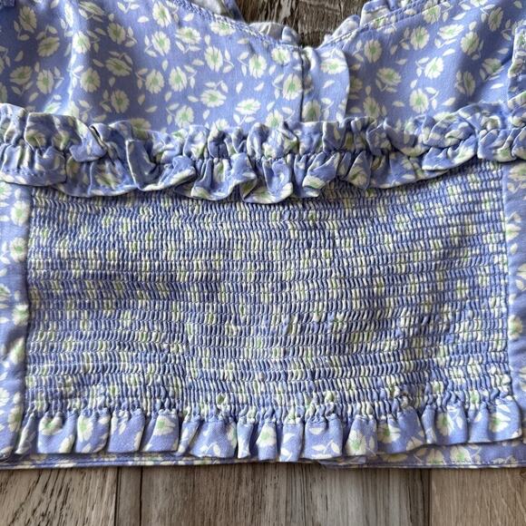 Zara Micro Floral Crop Top Size Small Button Front Ruffle Neckline Straps Lined - Picture 6 of 9